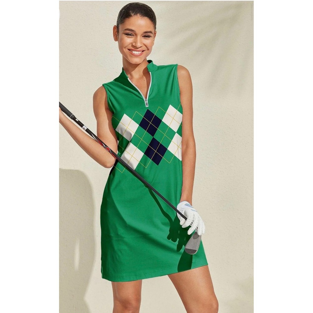 Acegolfs Green Argyle Sleeveless Golf Dress Quarter Zip Mock Neck Womens 2XL NWT
